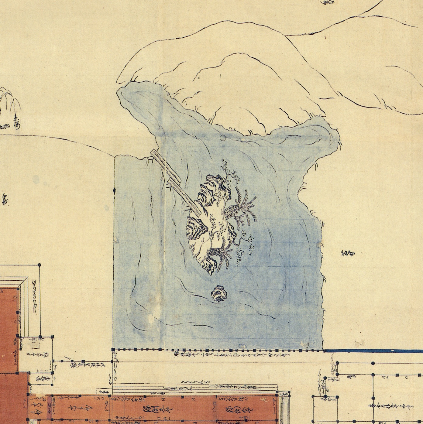 【Map of the Honmaru Garden Pond. “Diagram of the Akō Castle Honmaru.” (Property of Tatsuno Municipal History and Culture Museum)】